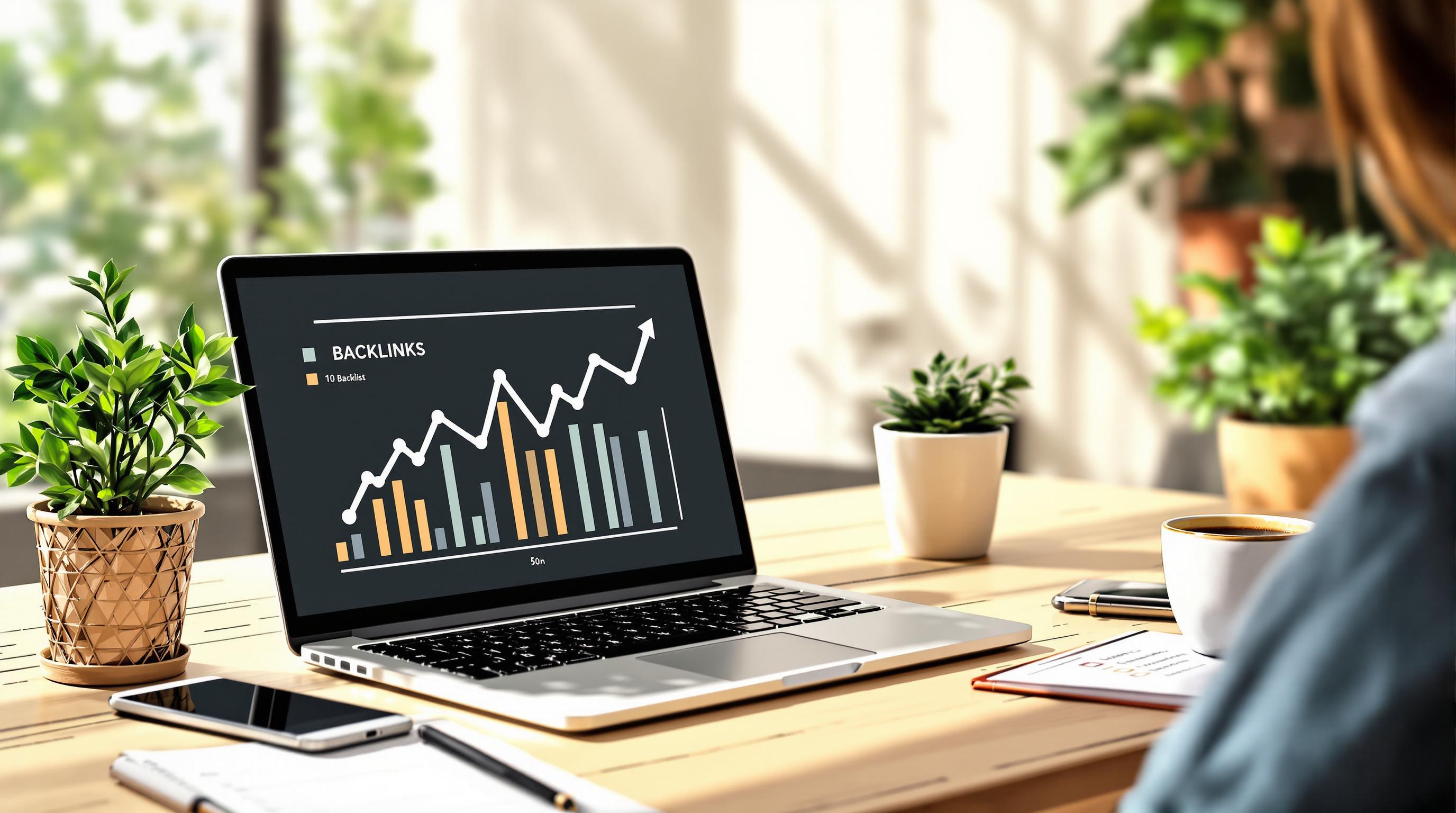 Laptop mit einem Diagramm zur Backlink-Entwicklung einer Website