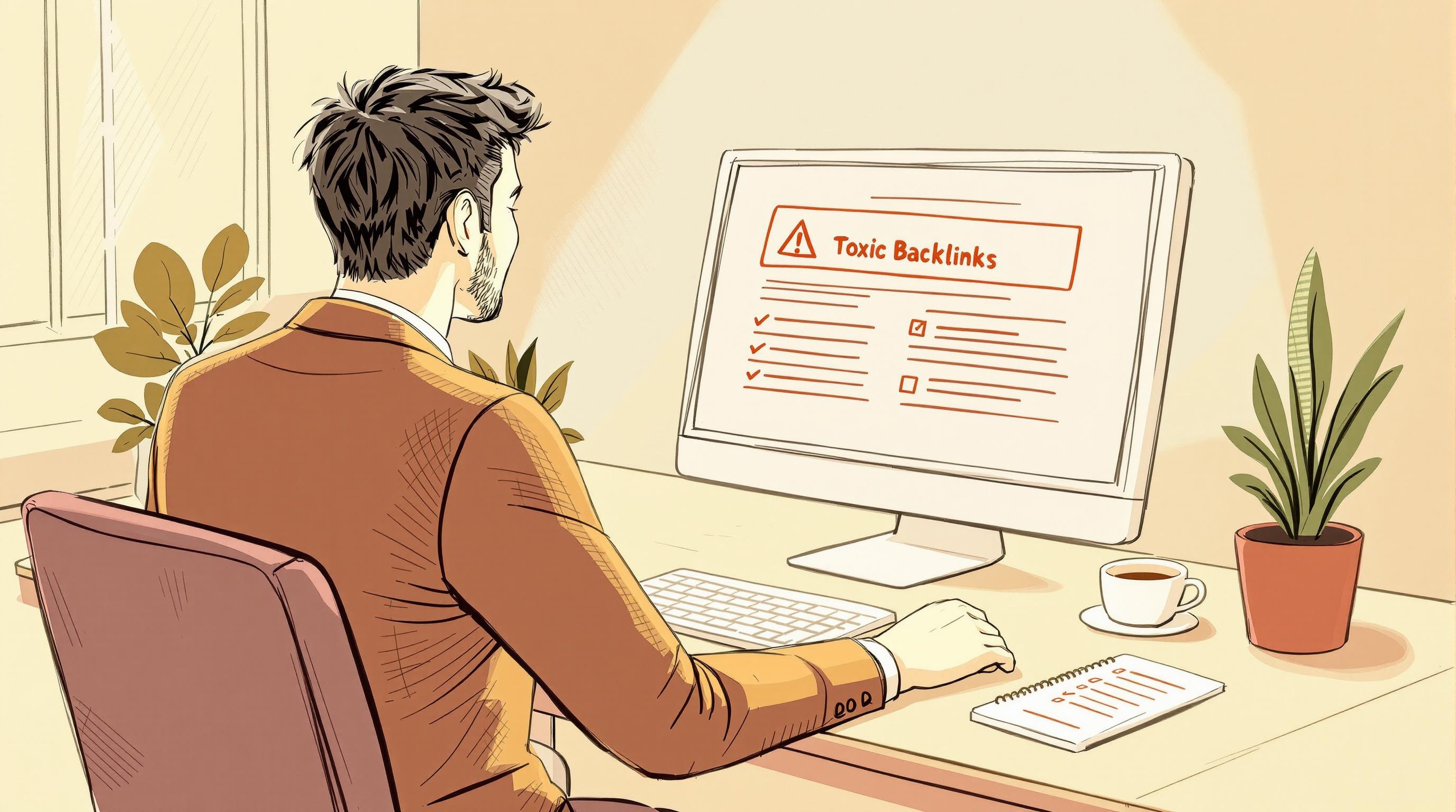 Man at computer, making an toxic backlink audit